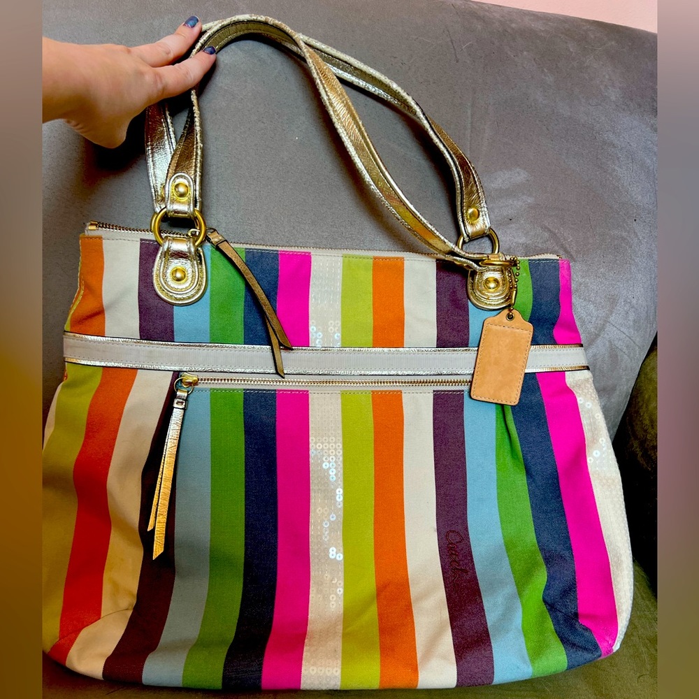 Coach Glam Sequin XL Striped Tote